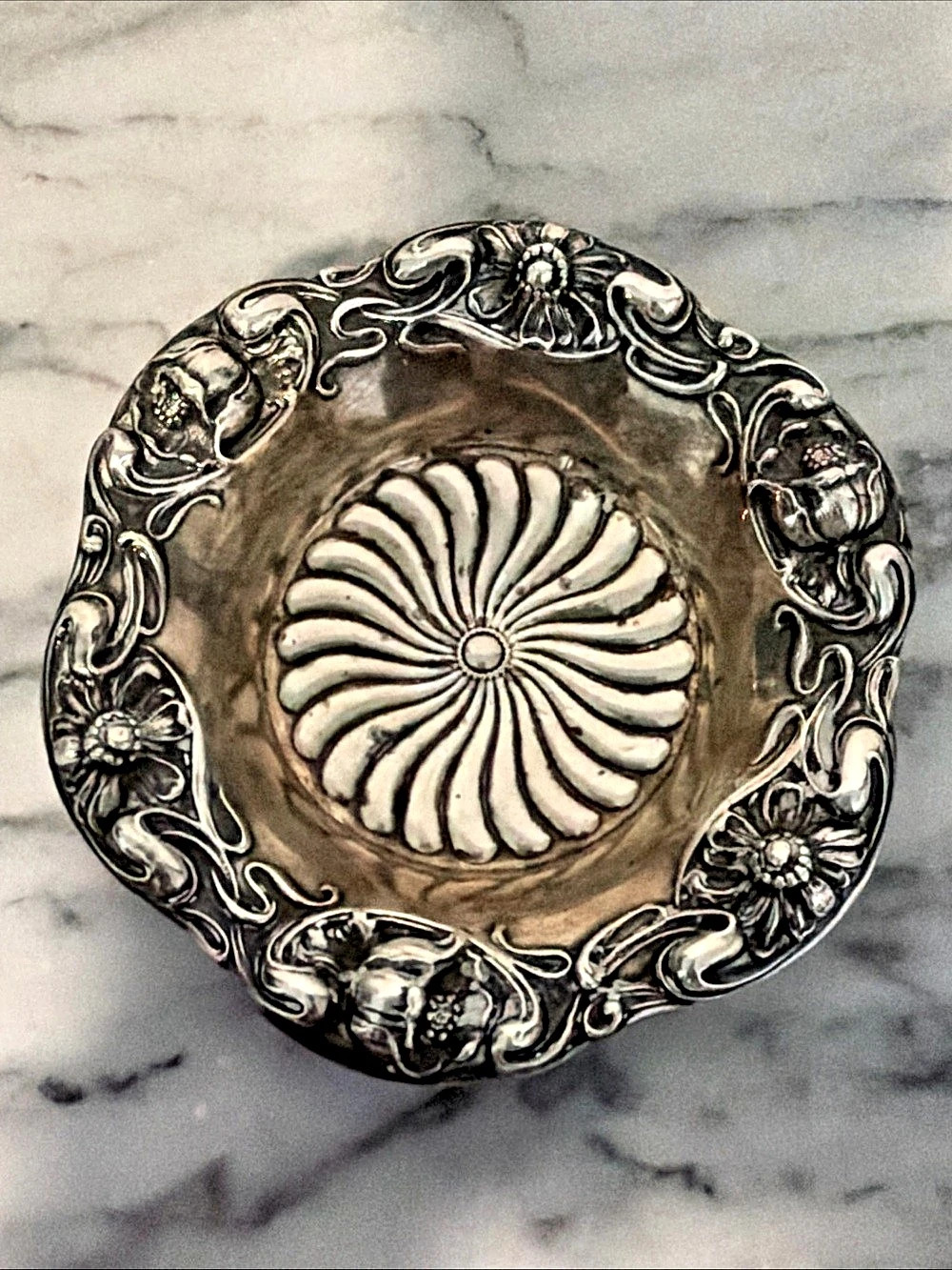 Ornate sterling marked Floral candy bowl